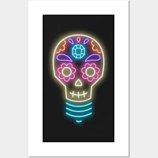 Neon sugar skull lightbulb Posters and Art